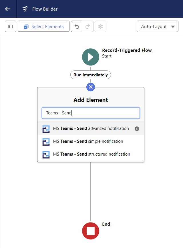 Salesforce Flow screen, showing a user searching for an MS Teams action to send a notification.