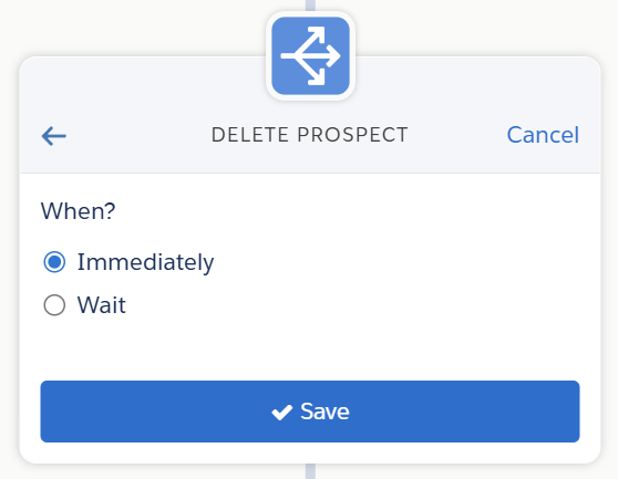 A screenshot showing an Engagement Studio Program's Action to Delete Prospect Immediately.