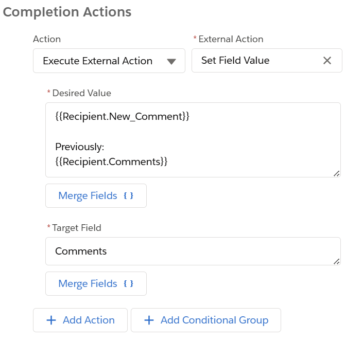 Screenshot showing the use of concatenating values, using HML merge fields, and storing the result in a single field.