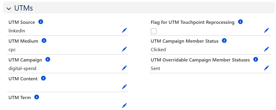 Campaign page layout, showing UTM fields added. The UTM parameters are in the left column, with app-specific fields in the right.
