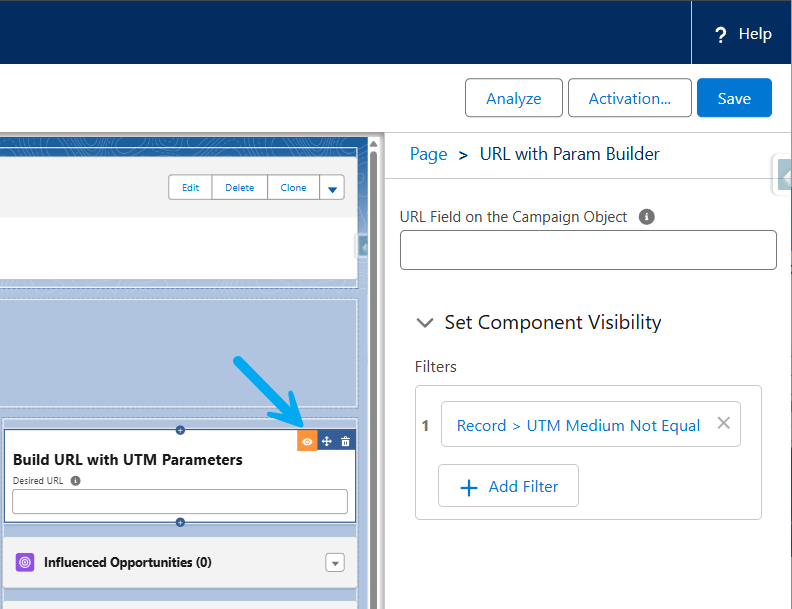 Lightning Record Page screen, highlighting the component has conditional visibility (based on a key UTM parameter field having any value)