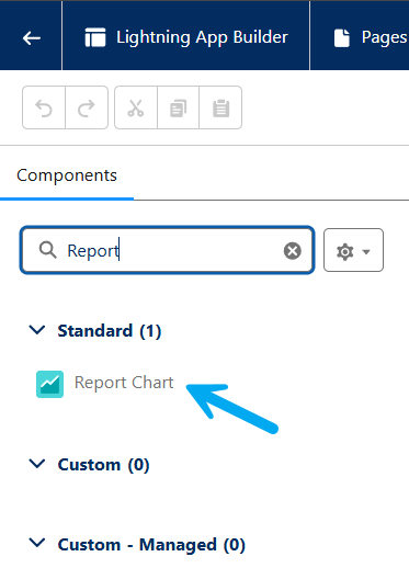 Salesforce Lightning Record Page edit screen, highlighting the Report Chart component