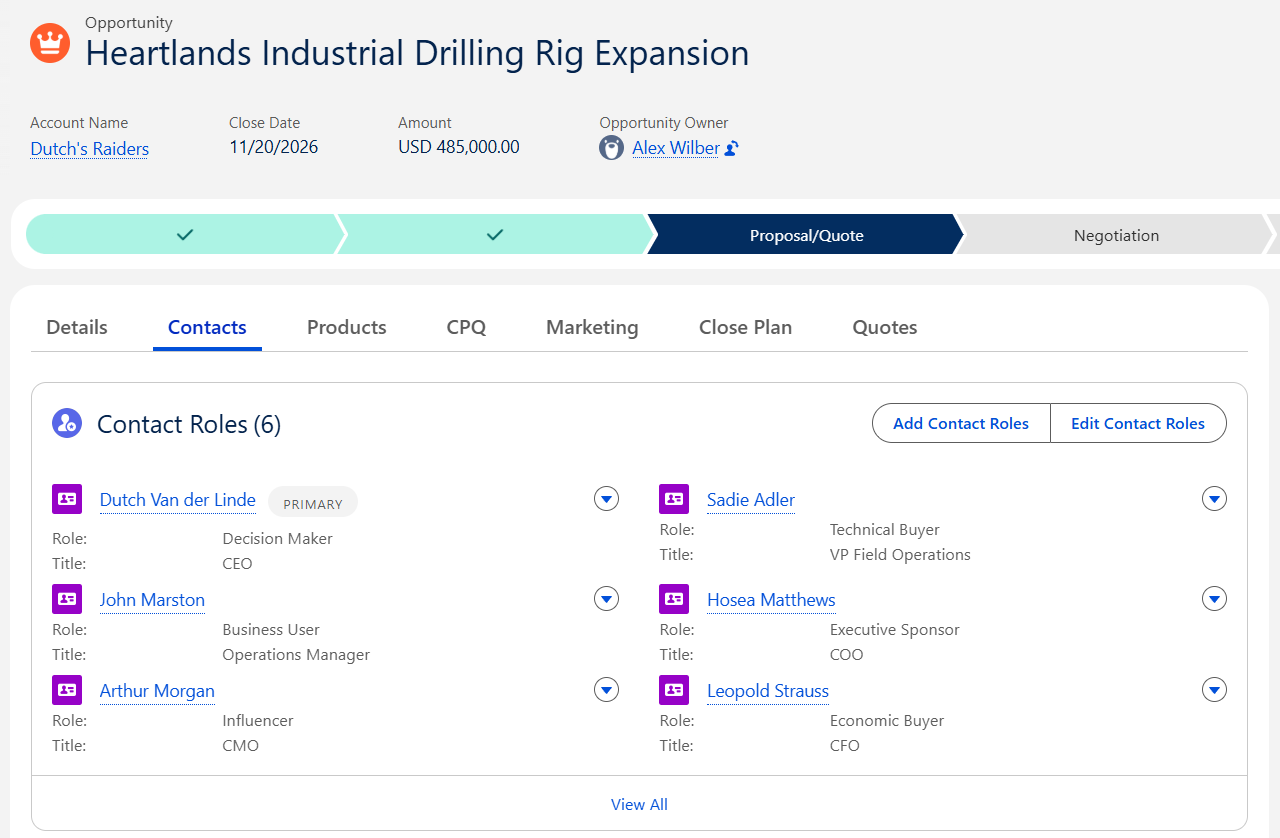 Salesforce Opportunity showing a Contact Roles related list with six people attached, each with a distinct role (Decision Maker, Economic Buyer, Executive Sponsor, Technical Buyer, Influencer, and Business User) and one marked Primary.